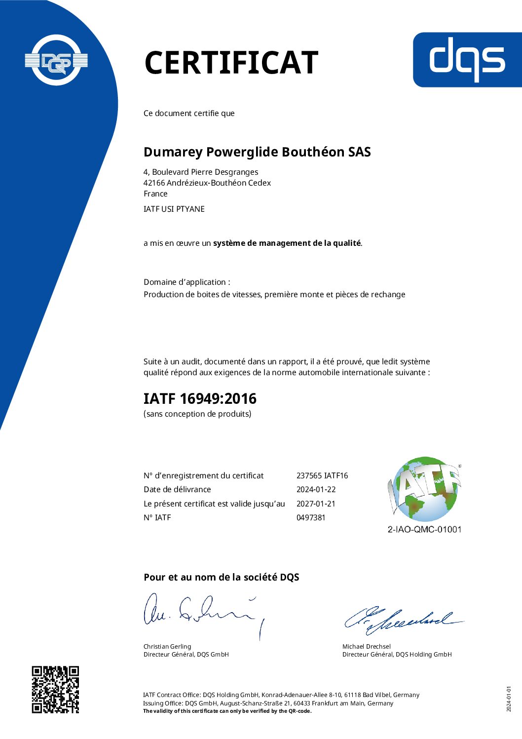 Dumarey Powerglide Bouthéon SAS - CERTIFICATE - französisch - 2024-01-22 - IATF16