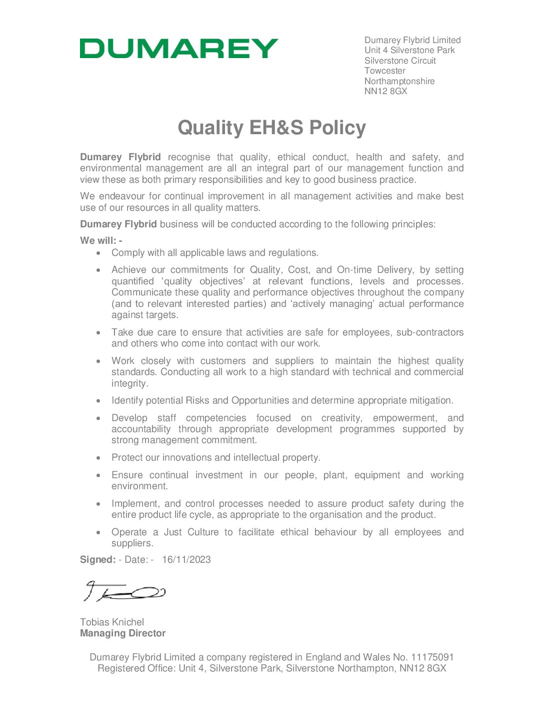 Dumarey Flybrid Quality EH&S Policy Signed